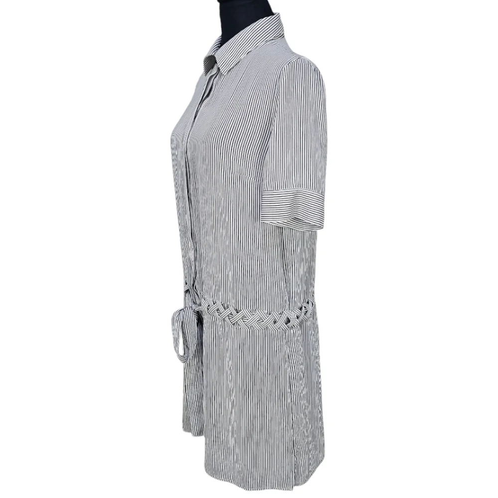 Bailey44 Dress Sz Small Desperado Striped Crepe Drawstring Waist White Black